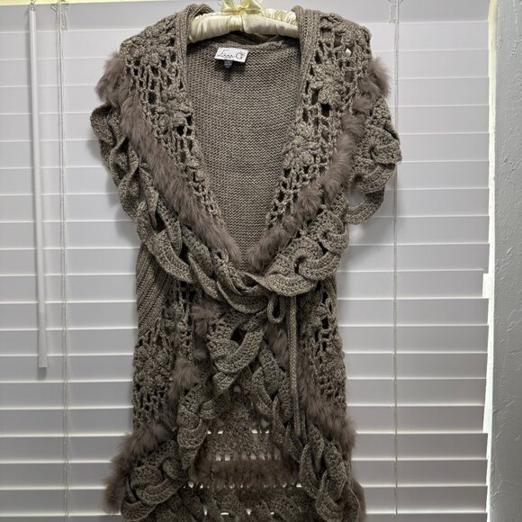 Emma G Gray Cardigan Vest Wool Blend Rabbit Fur Trim Size L/XL - Picture 1 of 5
